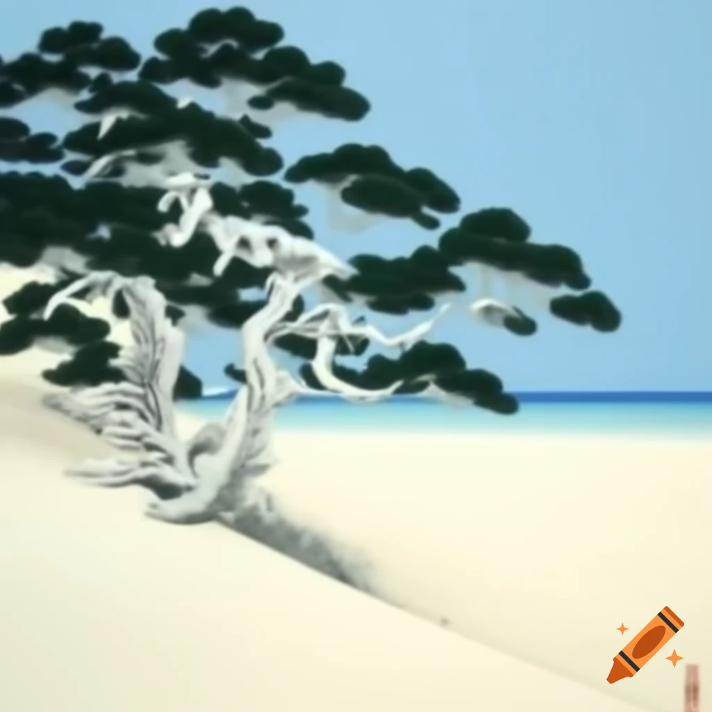 White sand beach with pine trees in Japanese traditional art style
