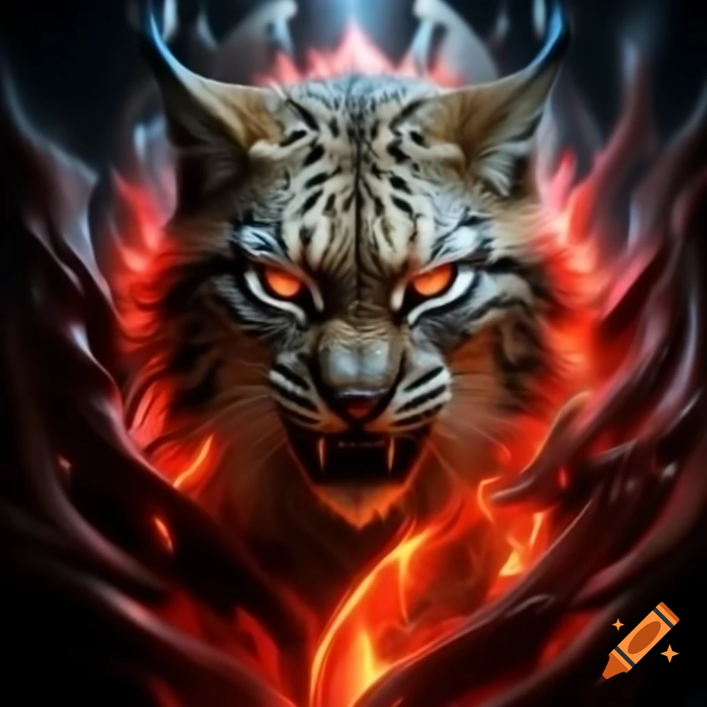 Lynx with red eyes lunging from portal of red flames, exuding fierce energy