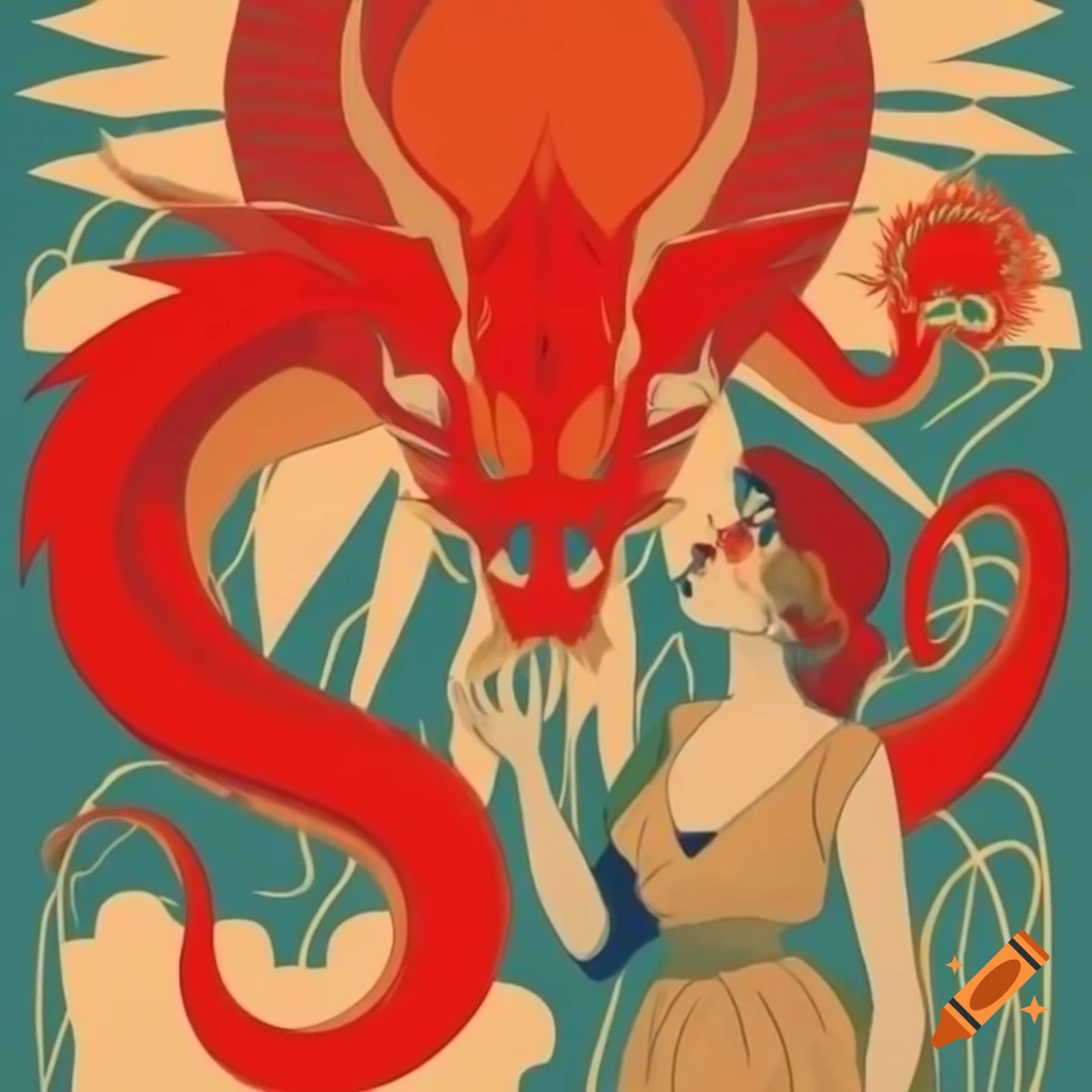 Art nouveau illustration of 'The Great Red Dragon and the Woman Clothed with Sun', featuring clean bold lines