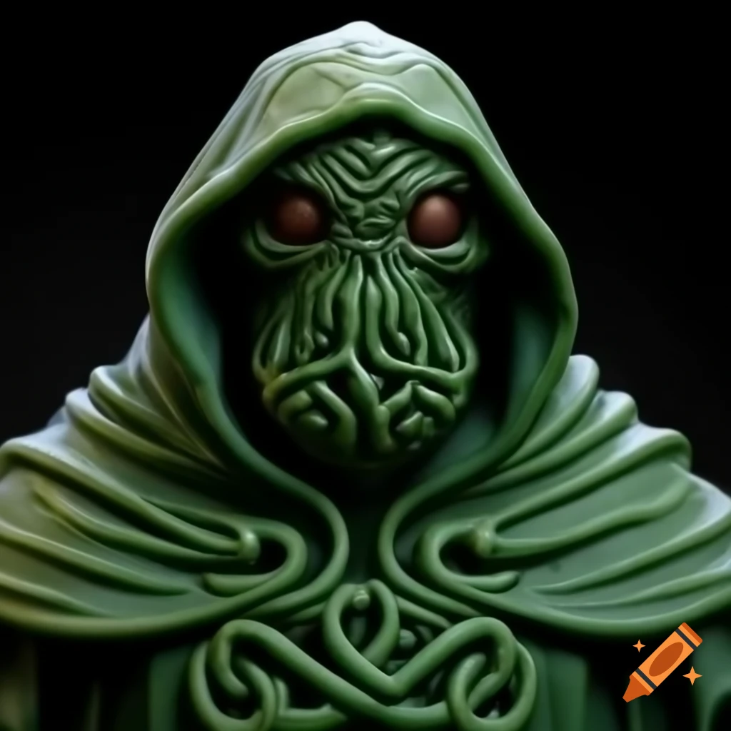 Highly detailed green hooded Celtic pattern cloak slime creature in full figure