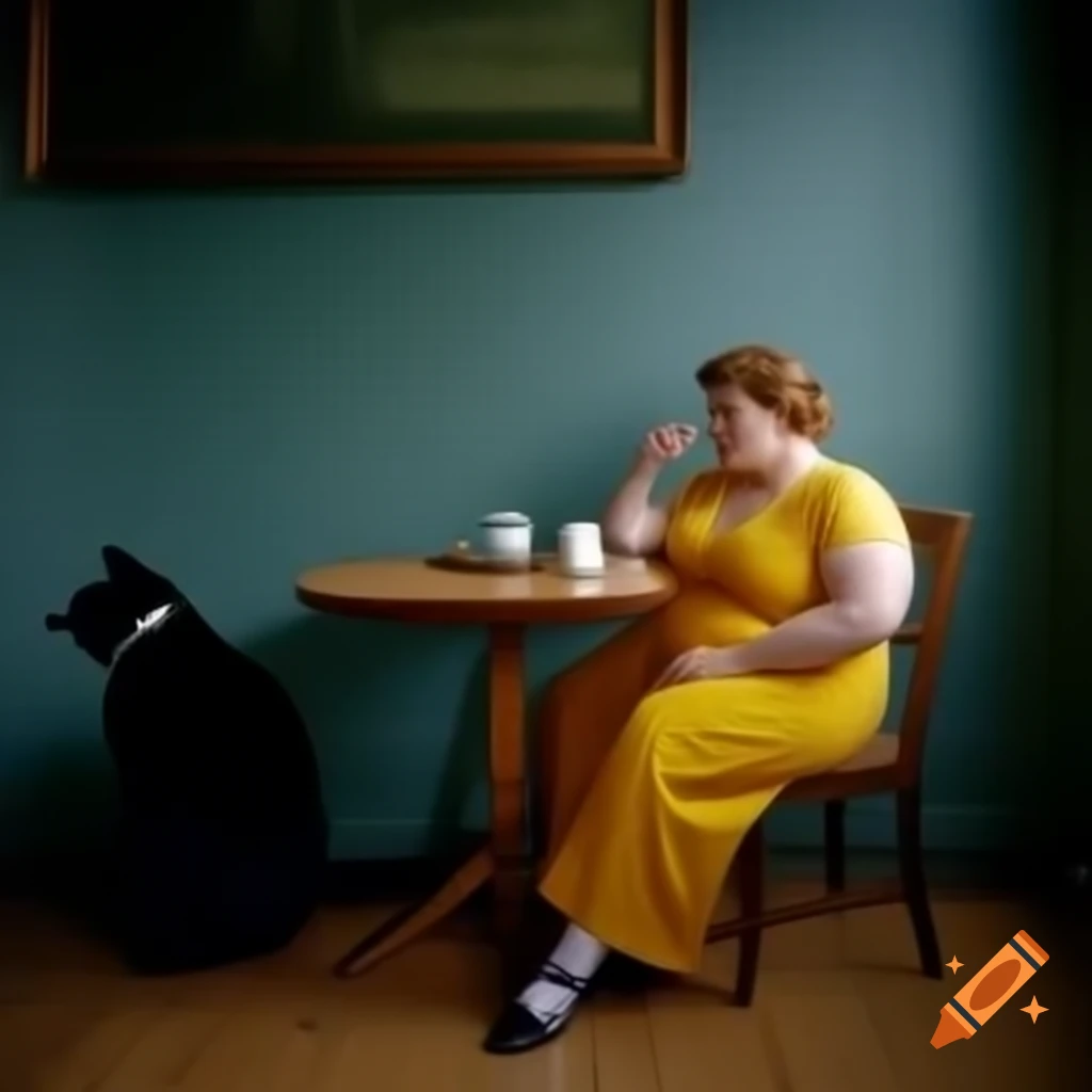 Woman in yellow dress sipping coffee next to black cat on wooden table