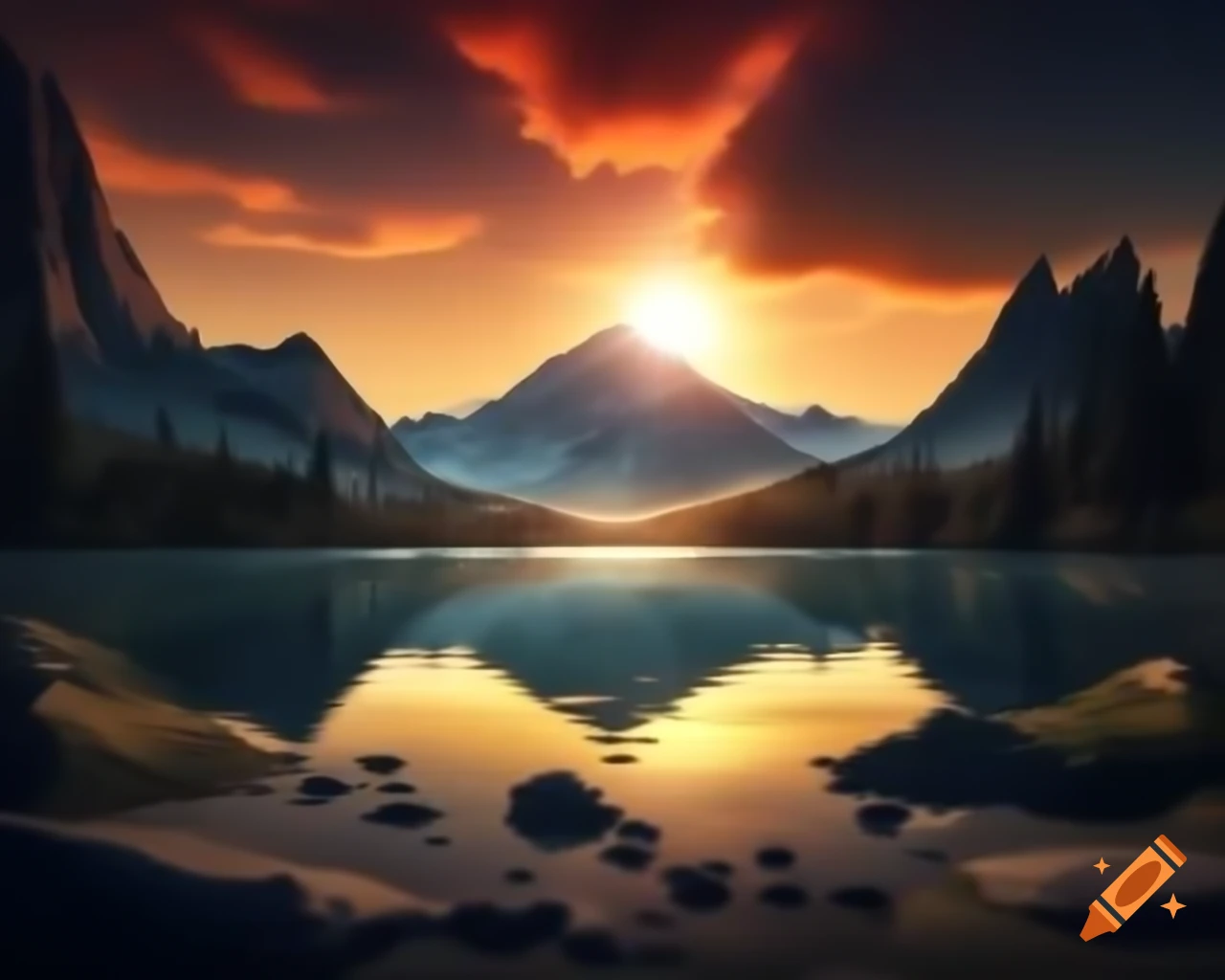Photorealistic 3D render of mountain lake at sunset with sun rays and island
