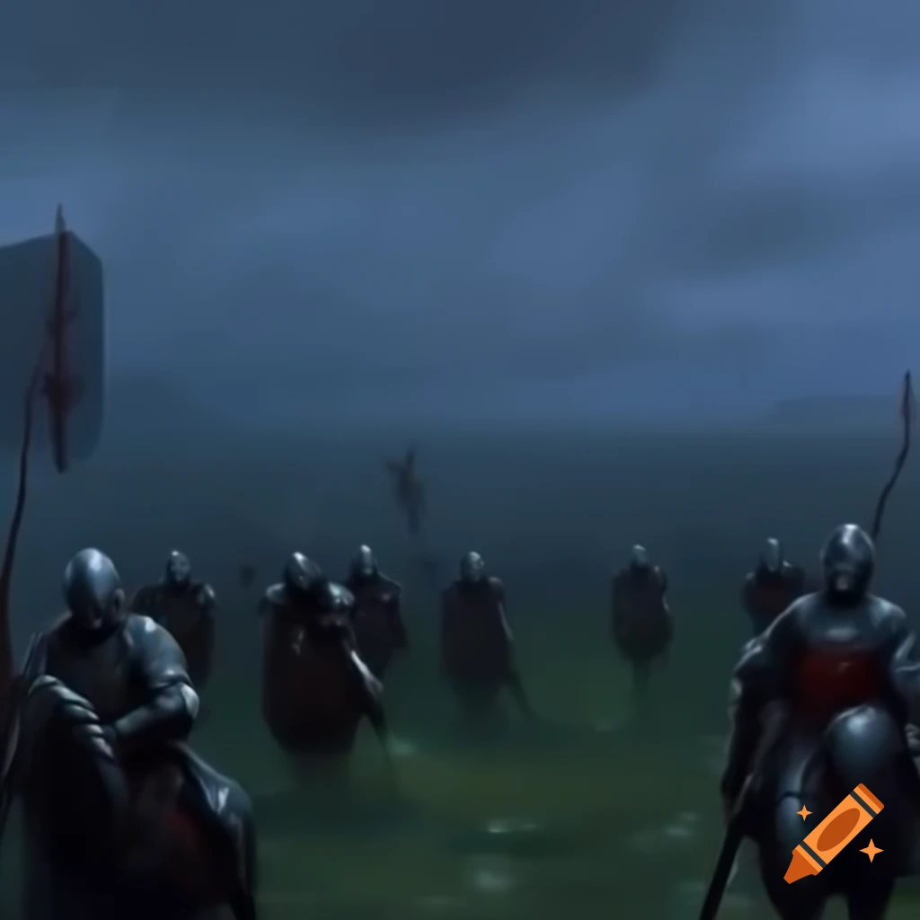 Knights charging on war torn battlefield in the rain, Monet style