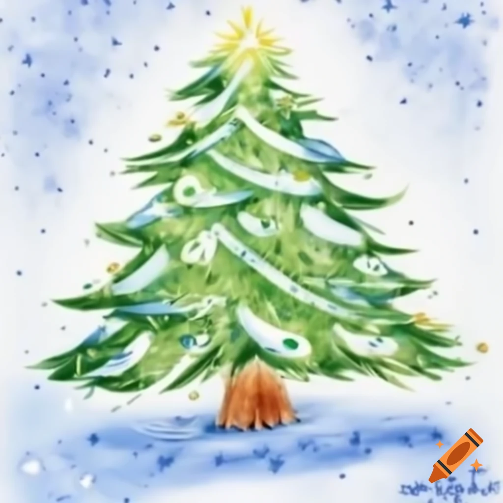Sparkling Christmas poinciana tree with snowflakes in watercolor storybook style