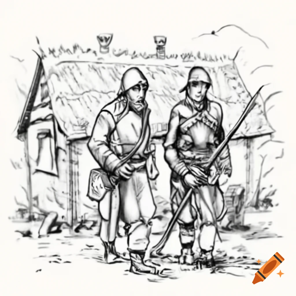 Sketch depicting Russian soldiers exploring a peasant's house