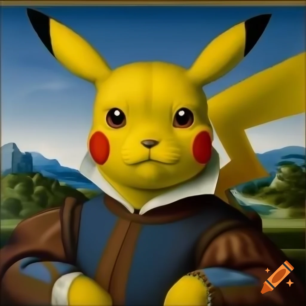 Pikachu in Renaissance style portrait wearing attire with a lake background