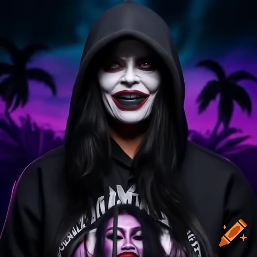 WWE wrestler Tenille Dashwood in a black hoodie with sinister grin standing in tropical rainforest