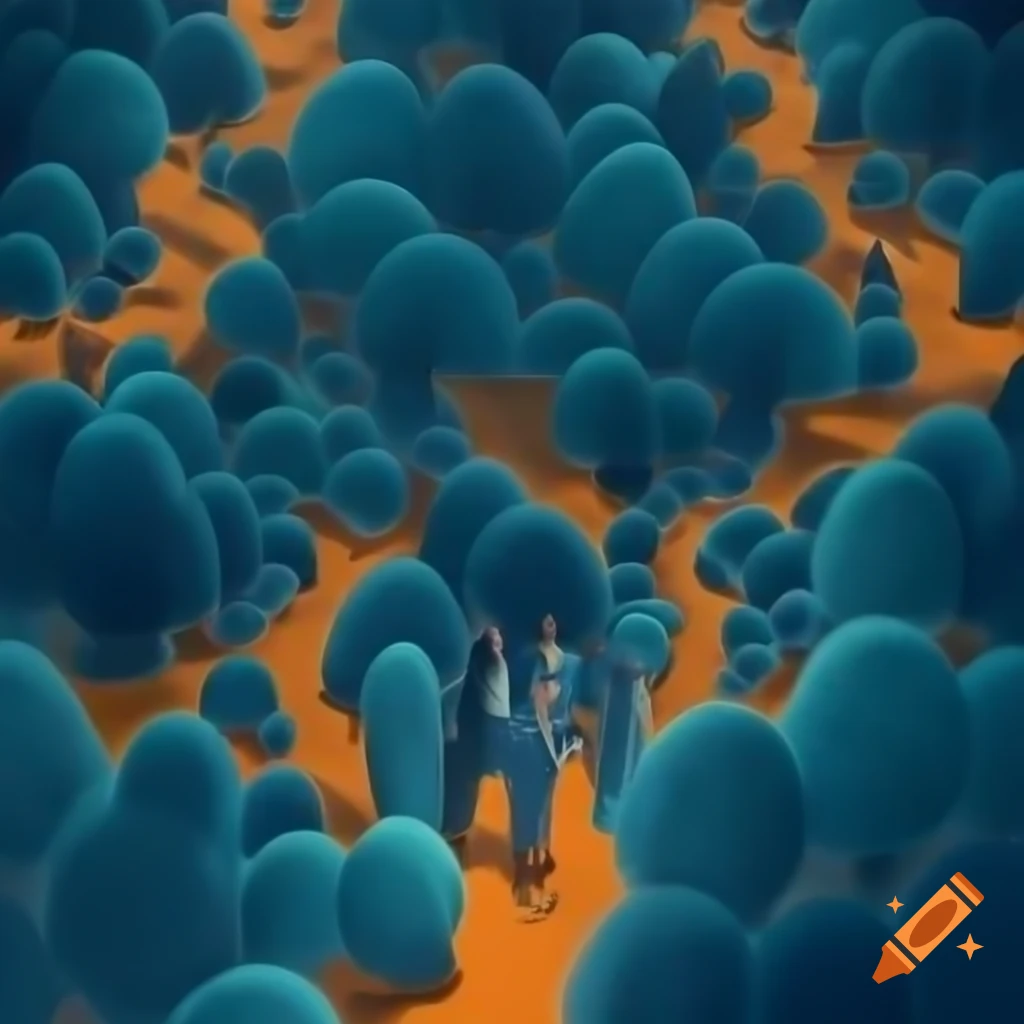 Surrealist nature landscape with people, detailed fractal patterns and bright colors