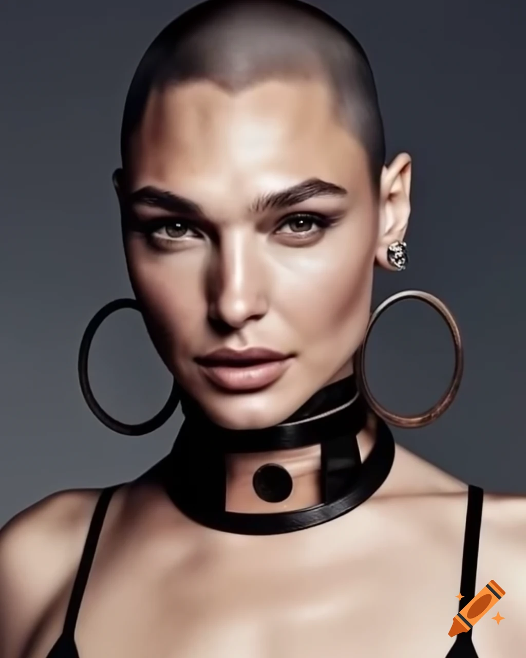 Gal Gadot with shaved haircut, leather choker necklace, and tunnel earrings