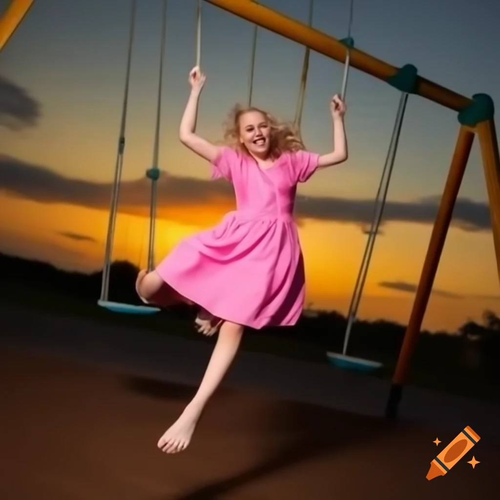 Carefree woman in pink dress swinging joyfully in playground