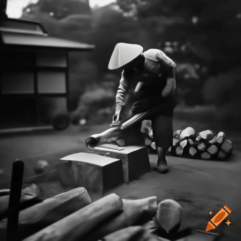 Japanese man chopping firewood in garden with axe