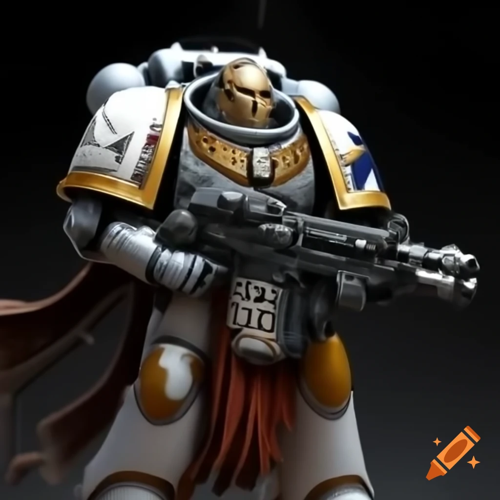 Space marine in white and gold armor with skull helmet and long rifle