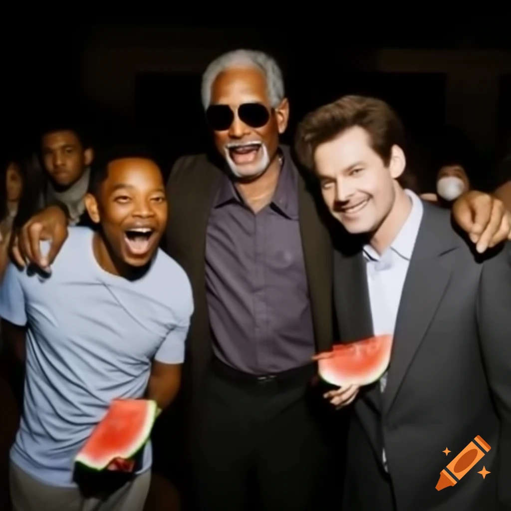 Celebrity party scene with Morgan Freeman, Jim Carrey, Will Smith, and Al Pacino wearing traditional thob and enjoying watermelon