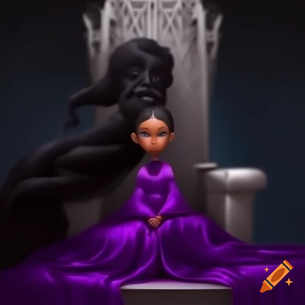 Young empress in black and purple silk dress sitting on silver throne