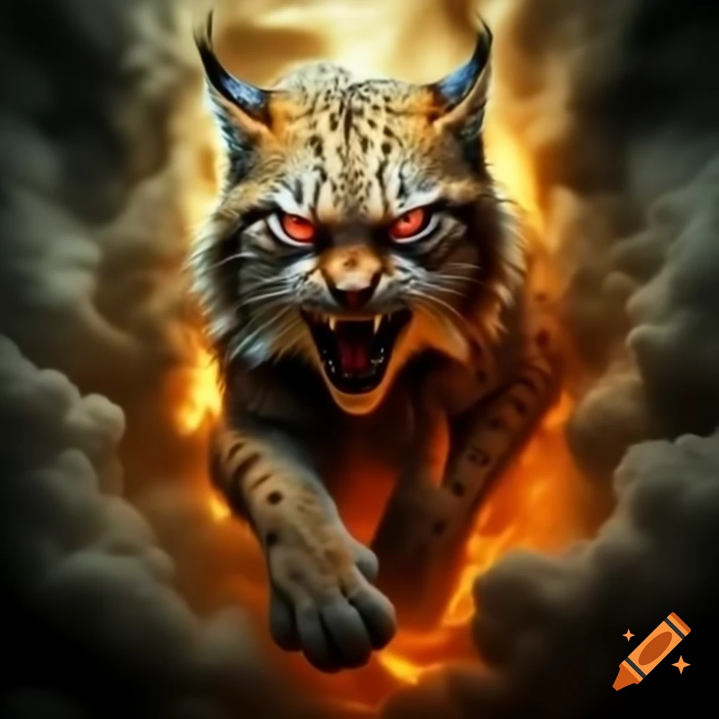 Lynx visage emerging from gold mist vortex with glowing red eyes