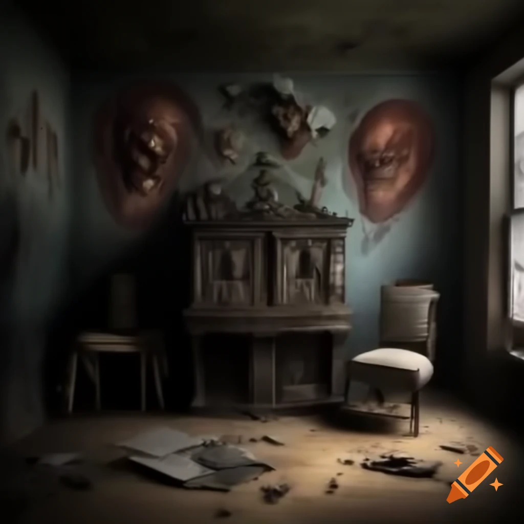 Scary room with demonic drawings and depictions on the walls