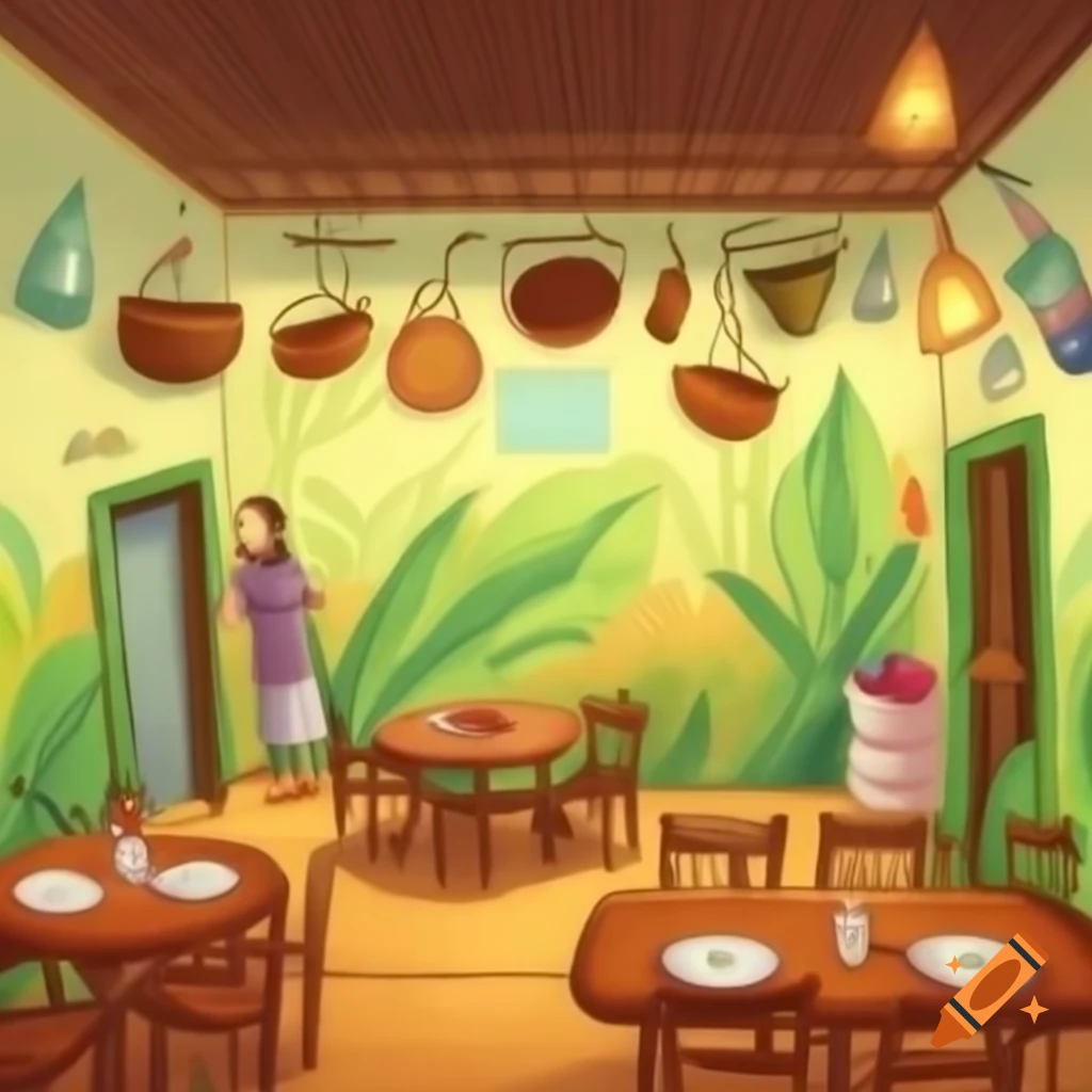 Sketch illustration of cozy restaurant interior with warm atmosphere on