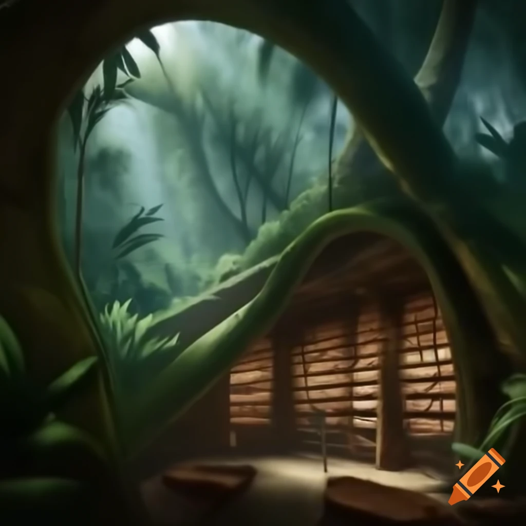 Victorian library interior blending with prehistoric jungle elements