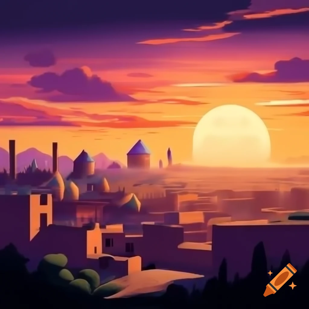 Shiraz city skyline at sunrise in painterly style