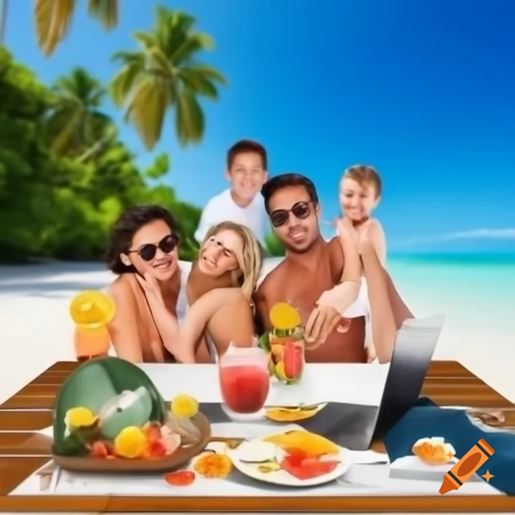 Family vacation on tropical island enjoying sunny beach time with laptop on table