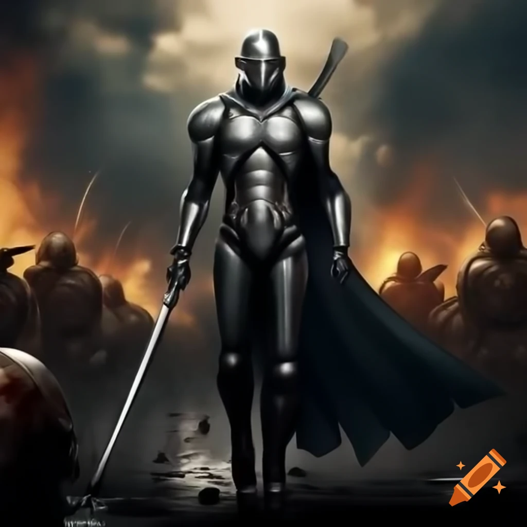 Cyborg warrior in chrome armor amidst ravaged battlefield chaos