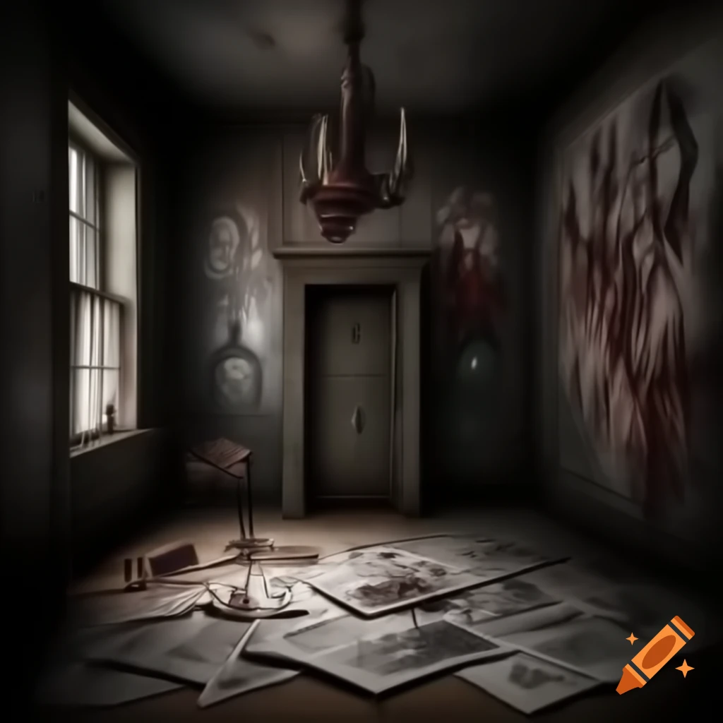 Scary room with demonic drawings and depictions on walls