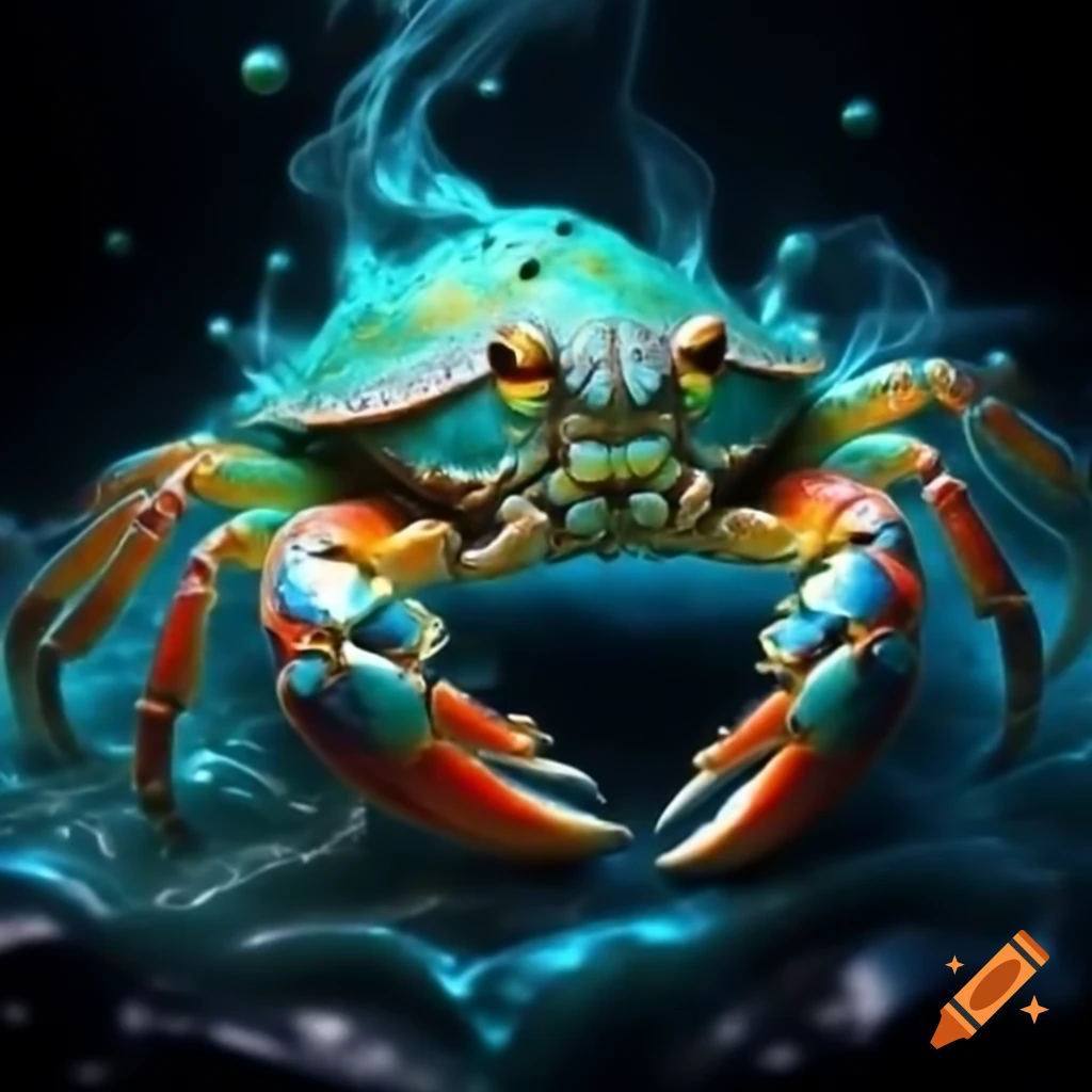 Glowing hermit crab with turquoise eyes moving through swirling cyan flames