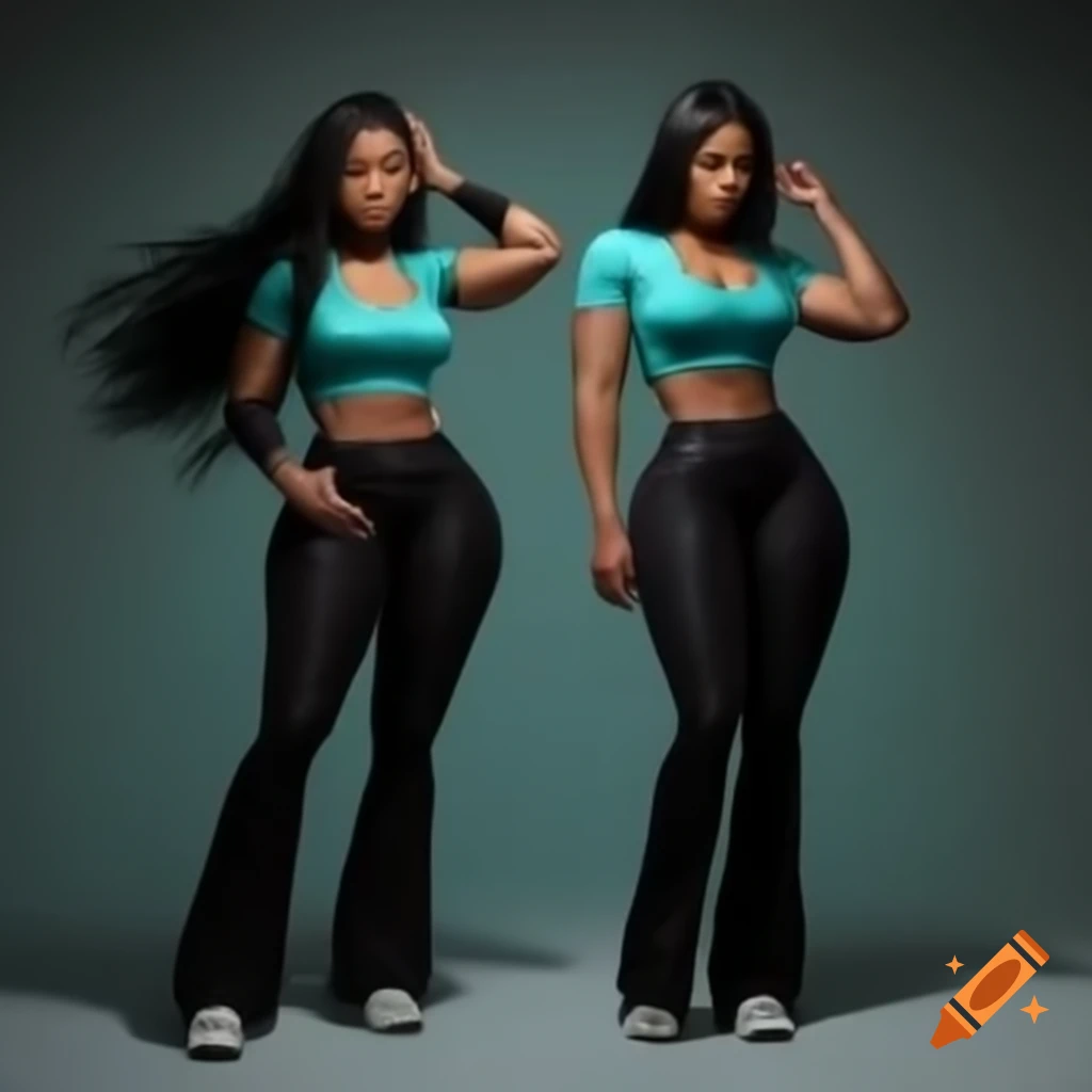 Two stylish women with long black hair in cyan crop tops and flared pants