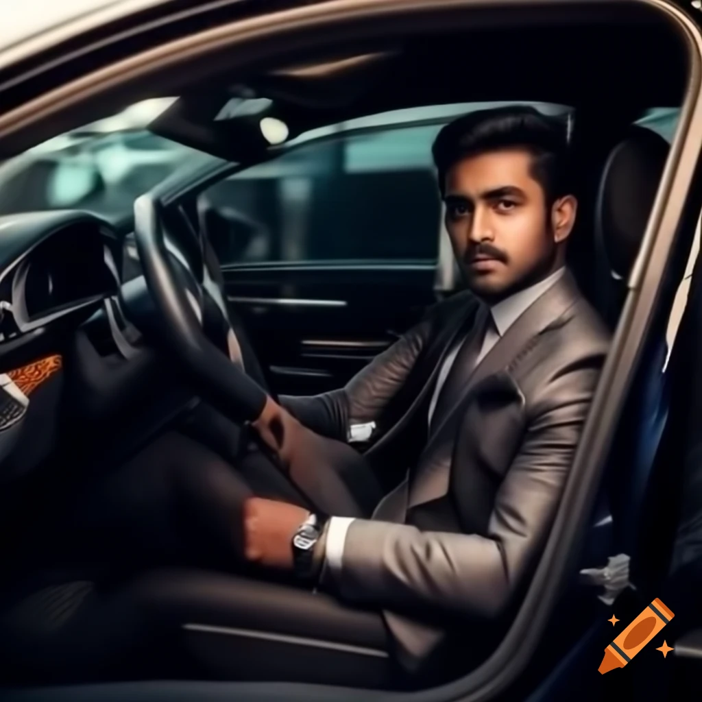 Person sitting in luxury car with corporate background, viewed from outside