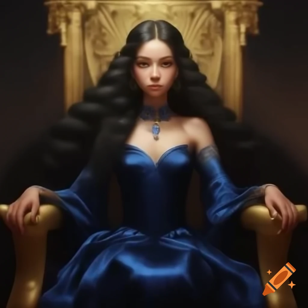 Young empress in sapphire silk dress seated on golden throne