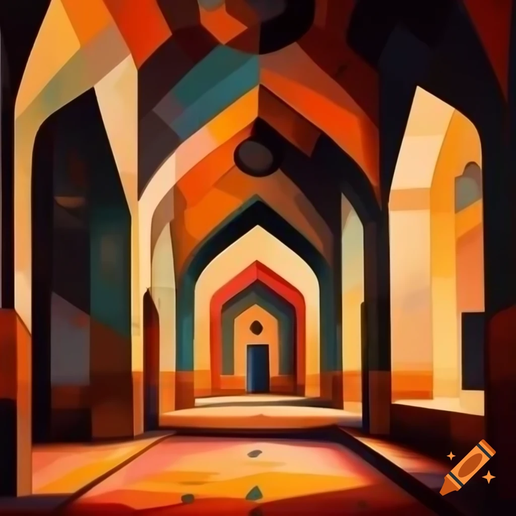 Geometric abstract oil painting of Shah-Cheragh mosque interior with warm hues