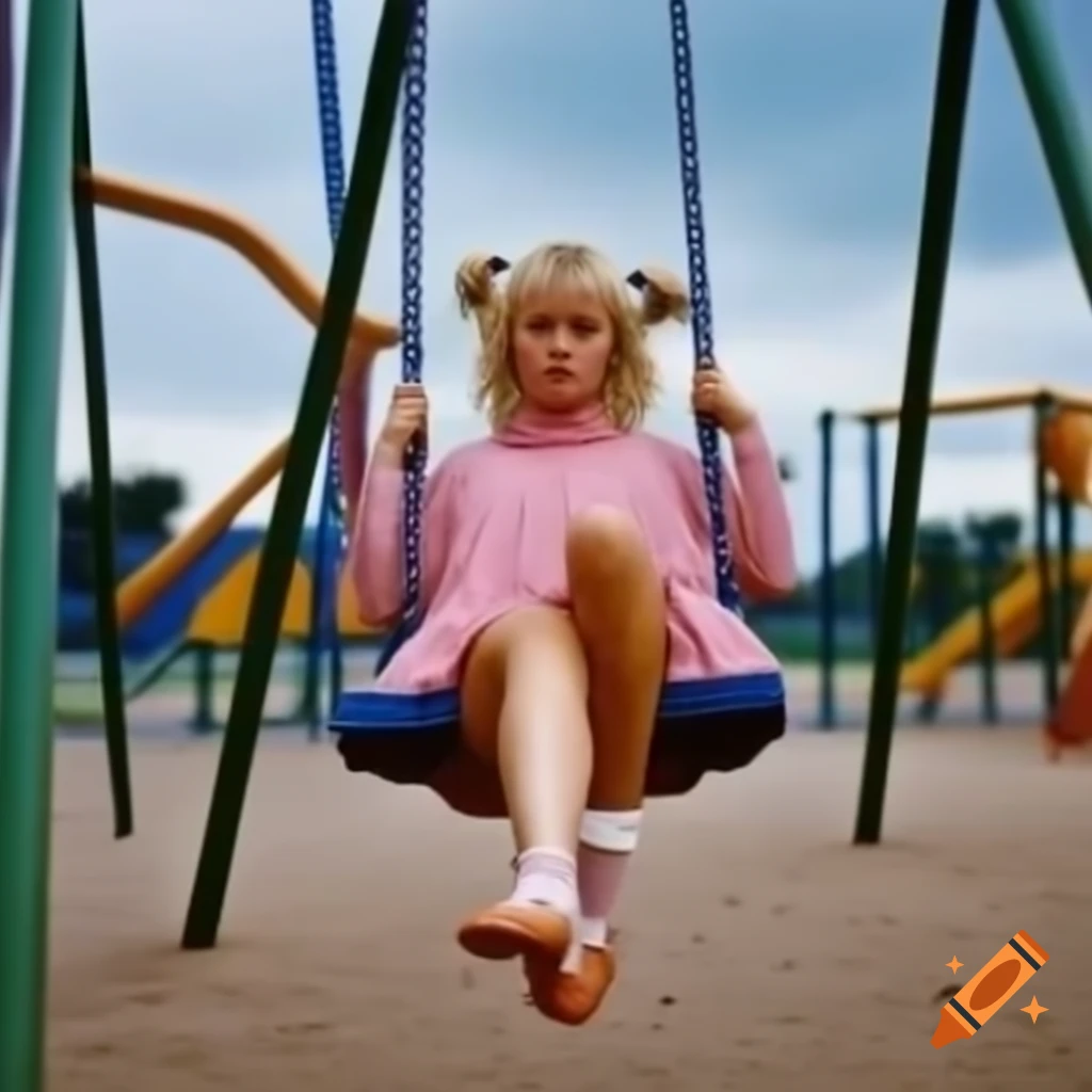 Tall woman with blonde pigtails swinging on playground in pink dress