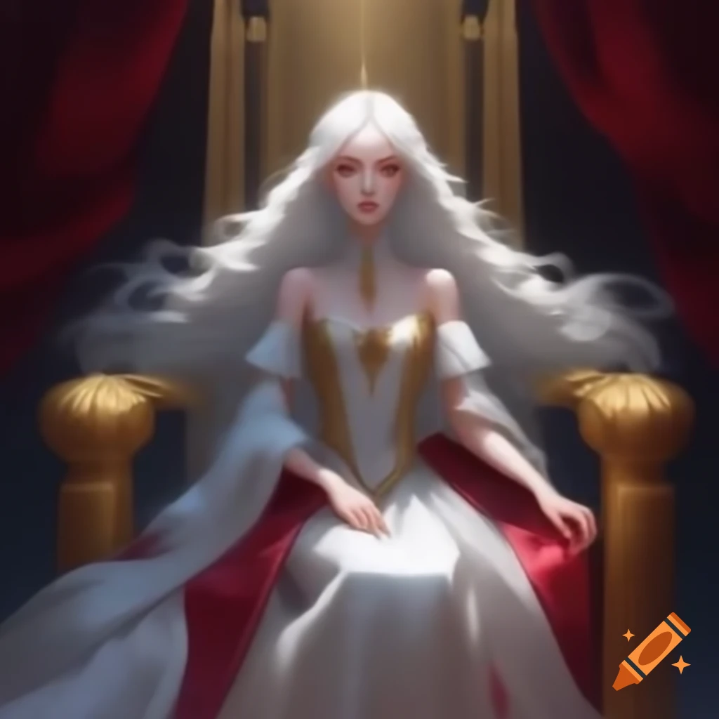 Young empress with white hair sitting on golden throne in red and white imperial dress