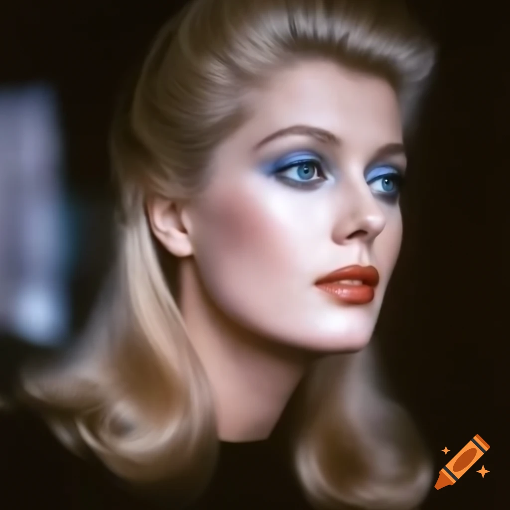 Hyper-realistic photograph of a beautiful European actress from 1963 with porcelain skin and blue eyes