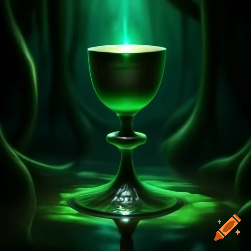 Magic chalice with dark green light in swamp atmosphere