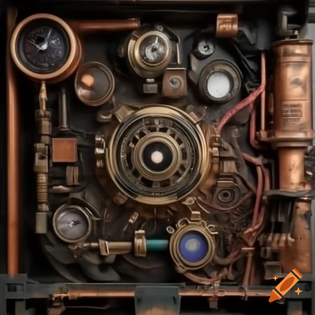 Intricate interior of an arcane machine with brass and copper components