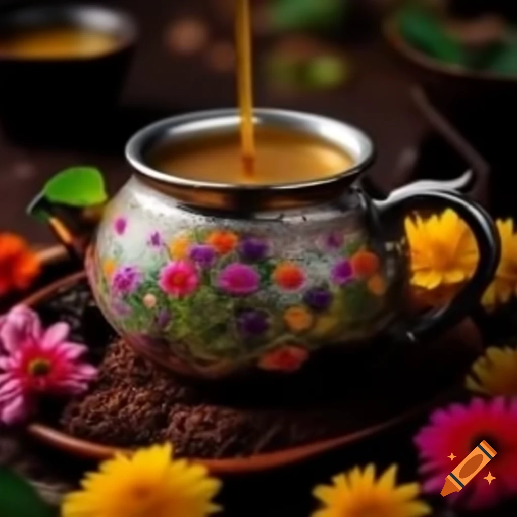 Pakistani chai tea pot surrounded by small colorful flowers