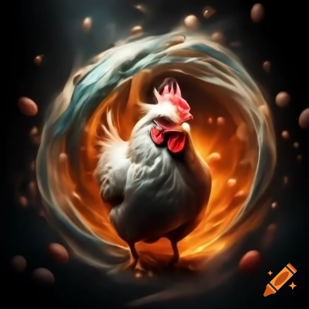 Photorealistic glowing chicken with red eyes in swirling vortex of particles