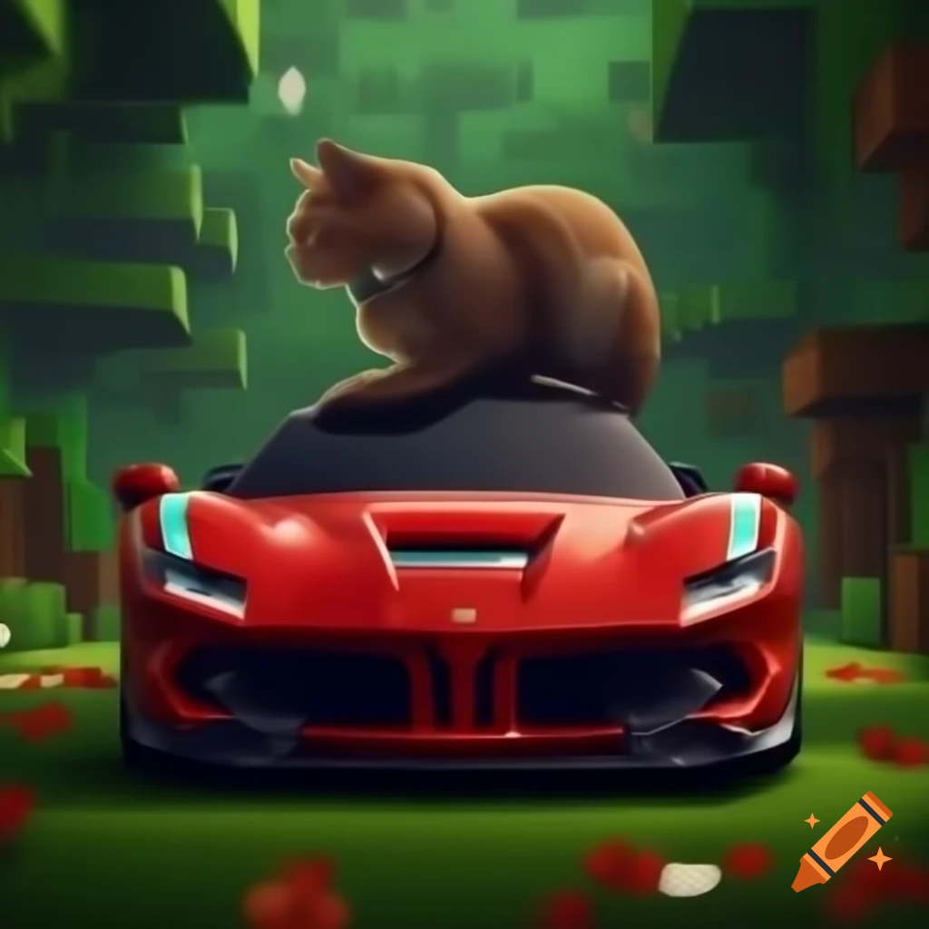 Minecraft drawing featuring realistic Ferrari, cat, bearded man, and BIG CRAFT text