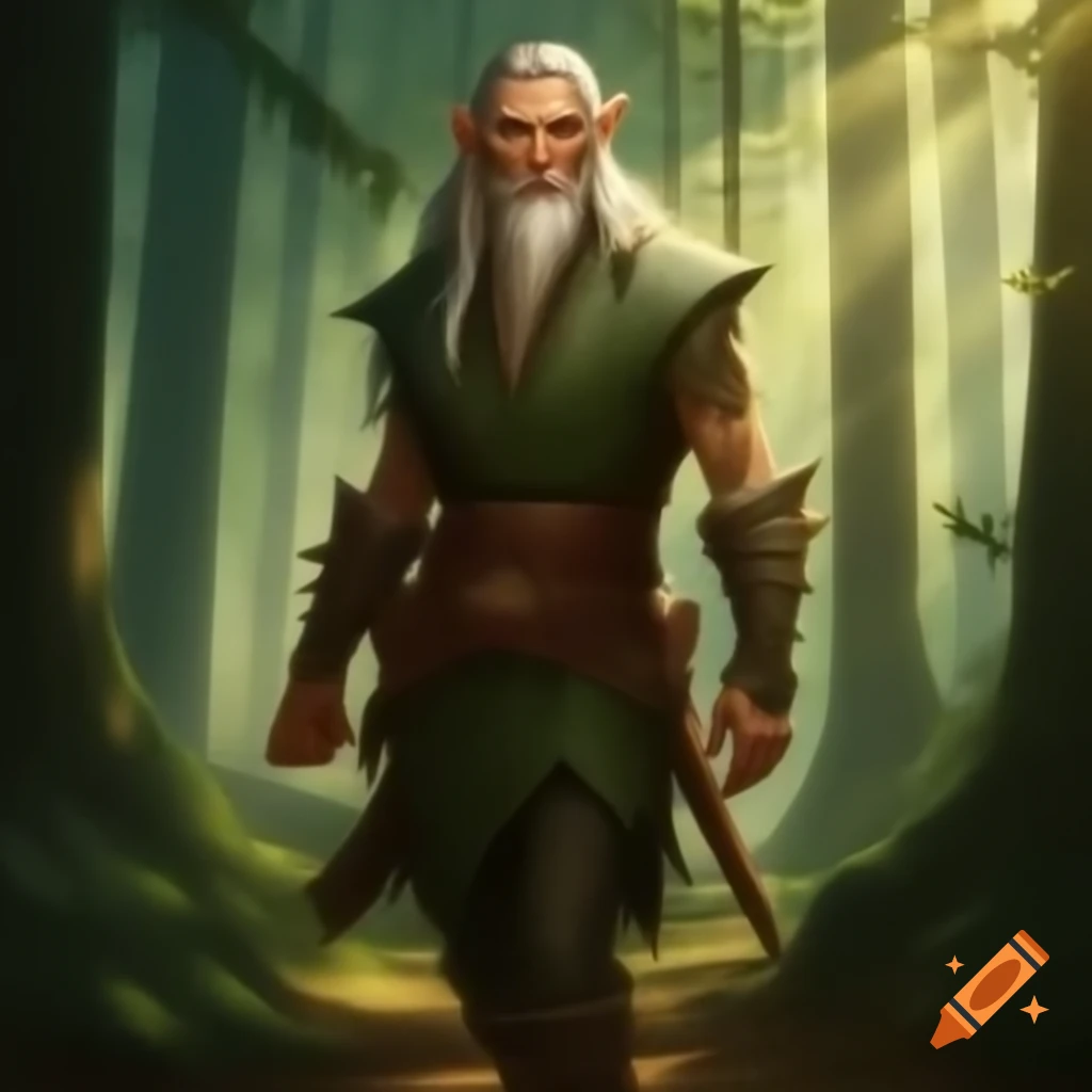 Majestic male Wood Elf in ancient forest, sunlight filtering through canopy