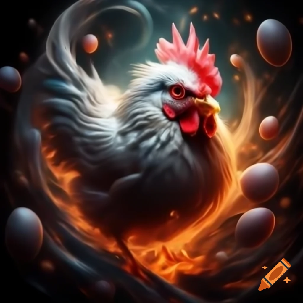 Photorealistic glowing chicken with red eyes in swirling vortex of particles
