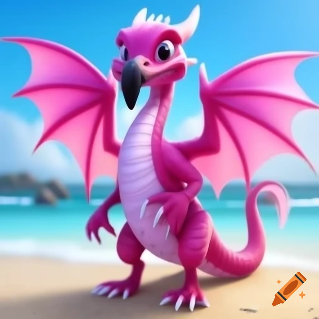 Majestic pink dragon with flamingo beak and shimmering wings on a beach