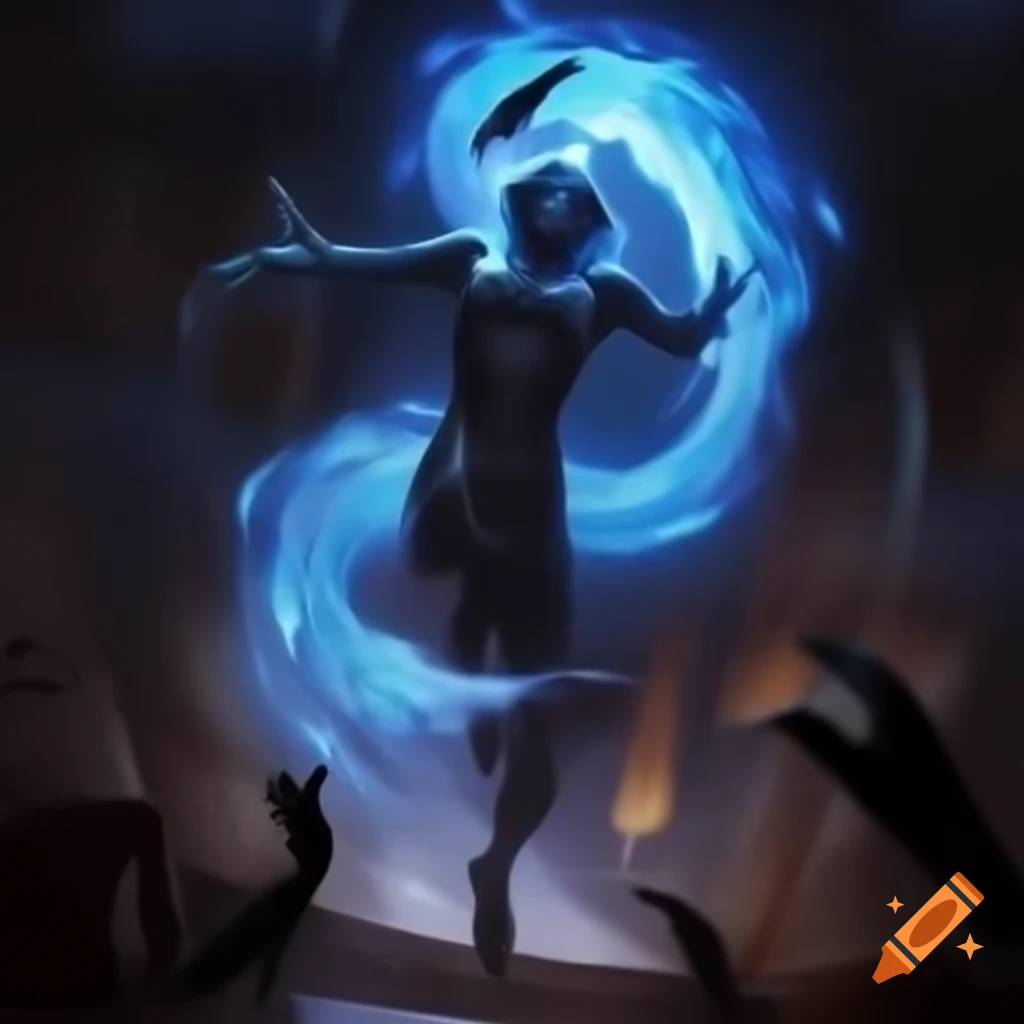 Obsidian figure surrounded by blue electric energy and burning ground