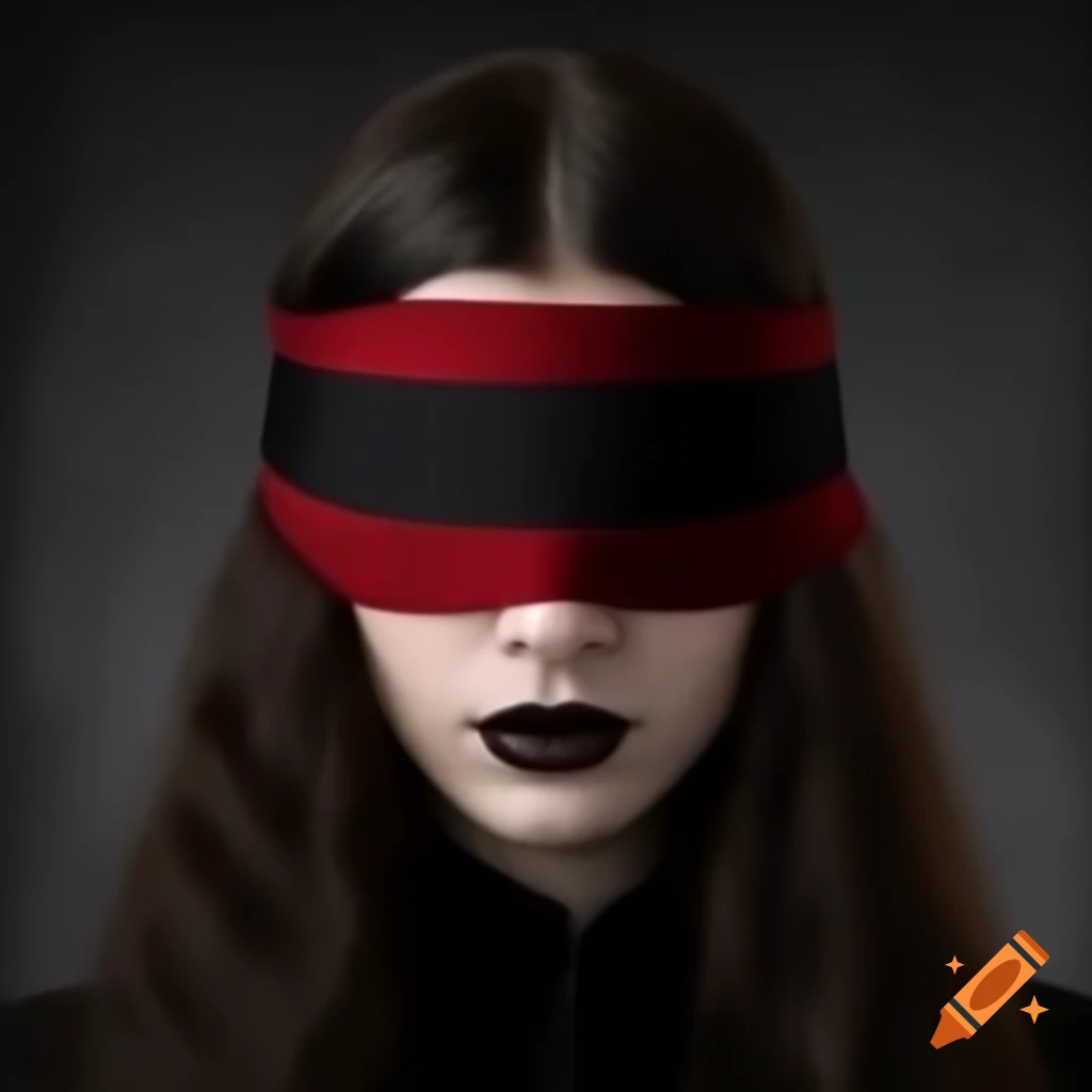 Gothic woman with long brunette hair and black and red blindfold