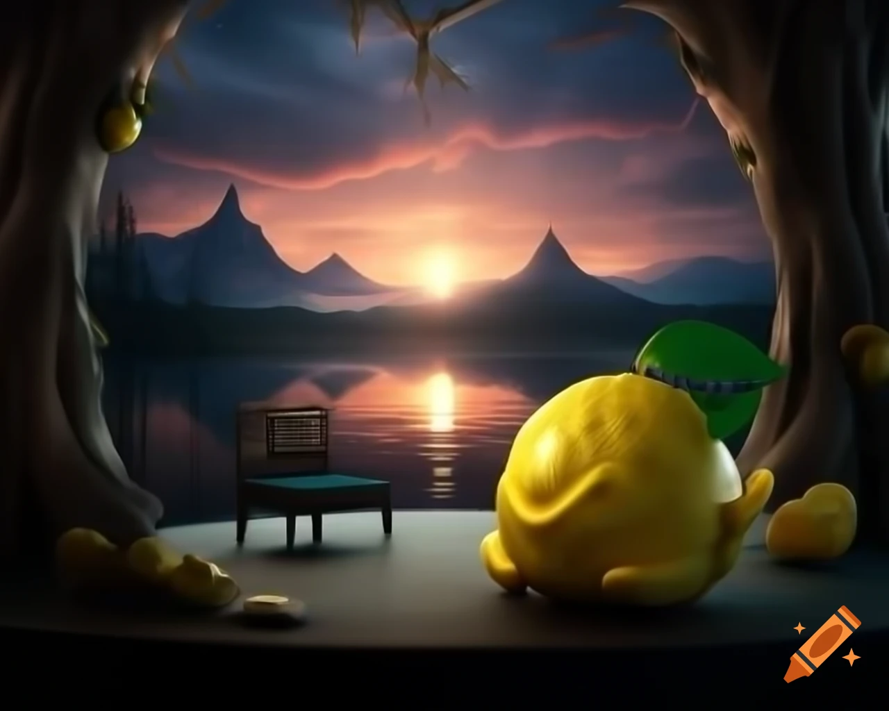 Surrealistic lemon monster sculpture rendered in 3D