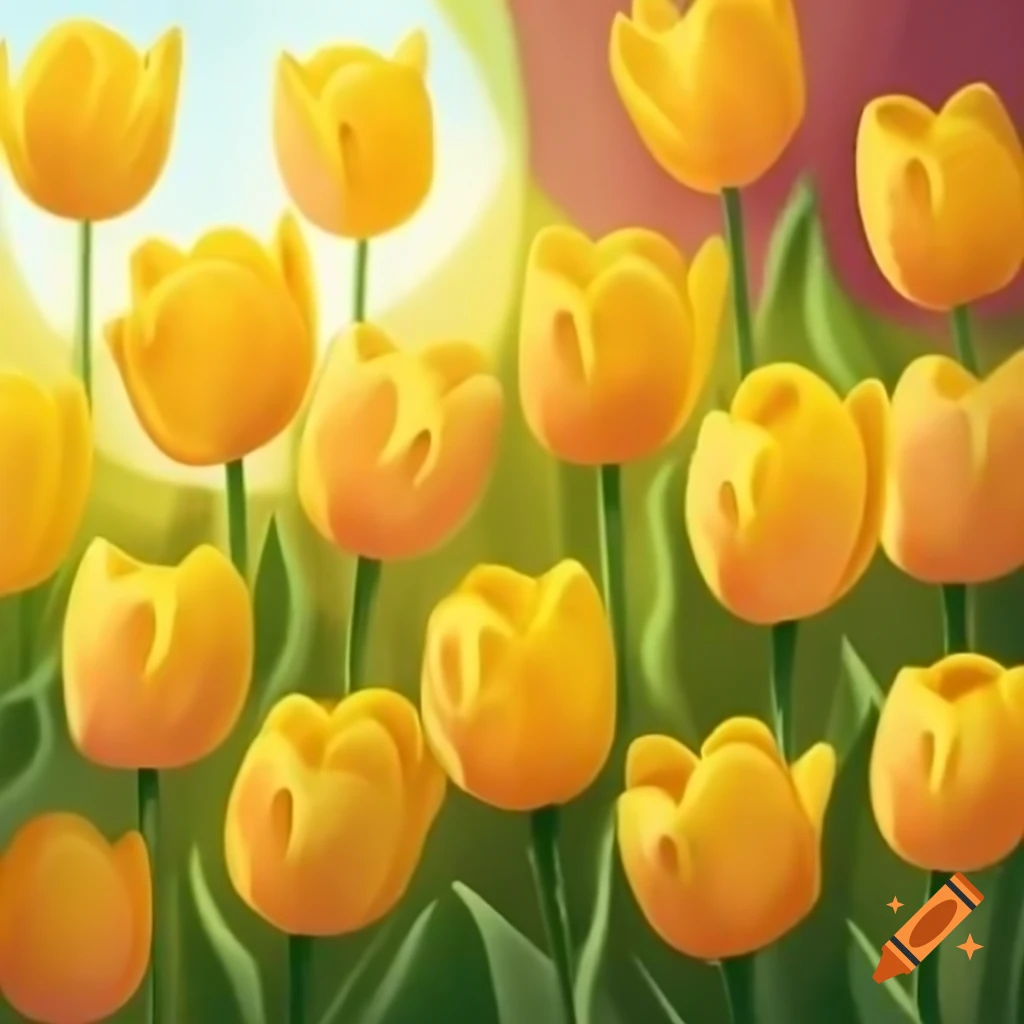 Cheerful yellow tulips basking in sunlight, hand-drawn style