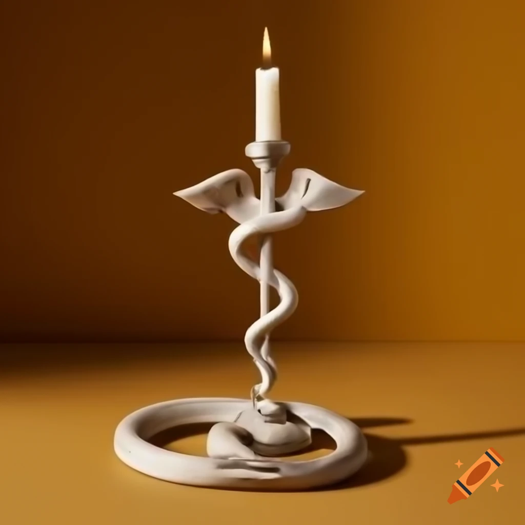 Caduceus with snake wrapped around silver Shabbat candlestick on ochre background