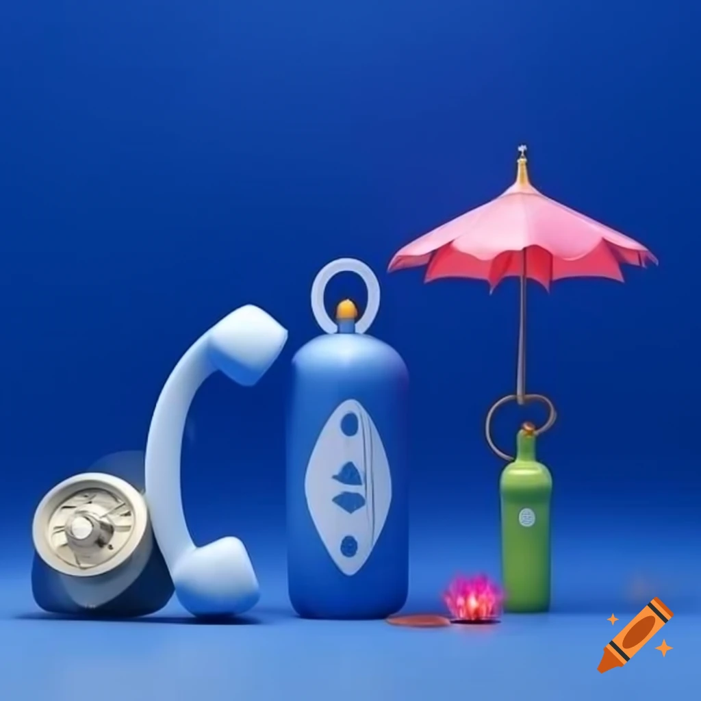 Blue gas cylinder with telephone, umbrella, lotus bud, and compass