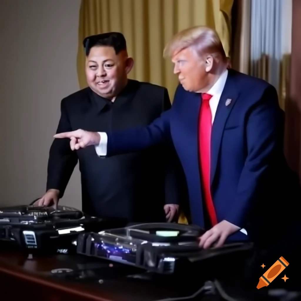 Donald Trump and Kim Jong Un as DJs in a vibrant music scene