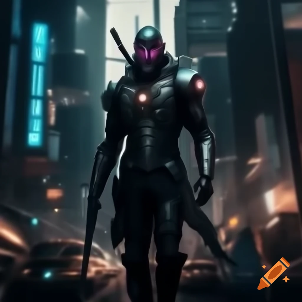 Lone warrior in cyberpunk armor against neon cityscape